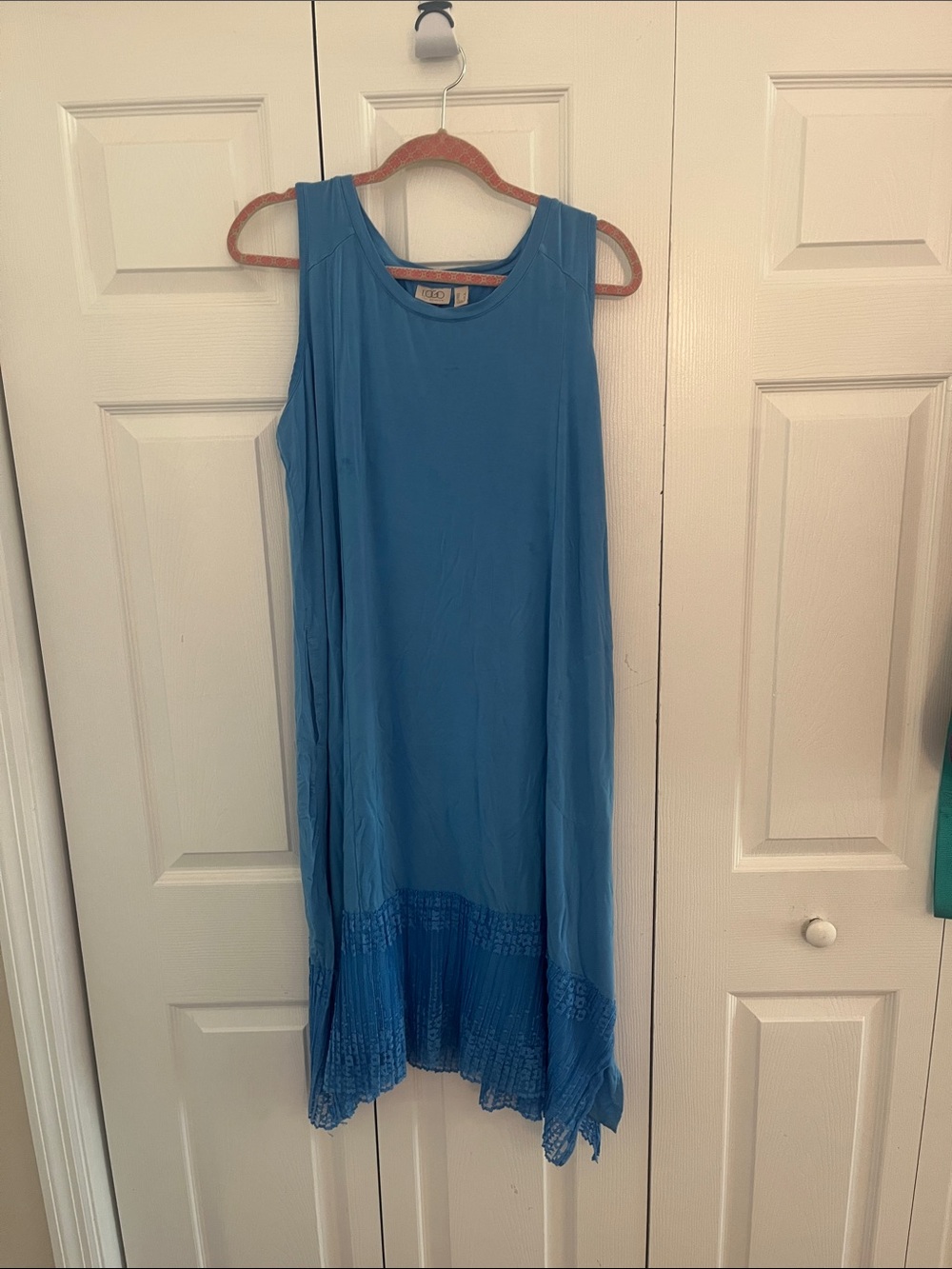 Sleeveless Blue Midi Dress with Crochet Hem